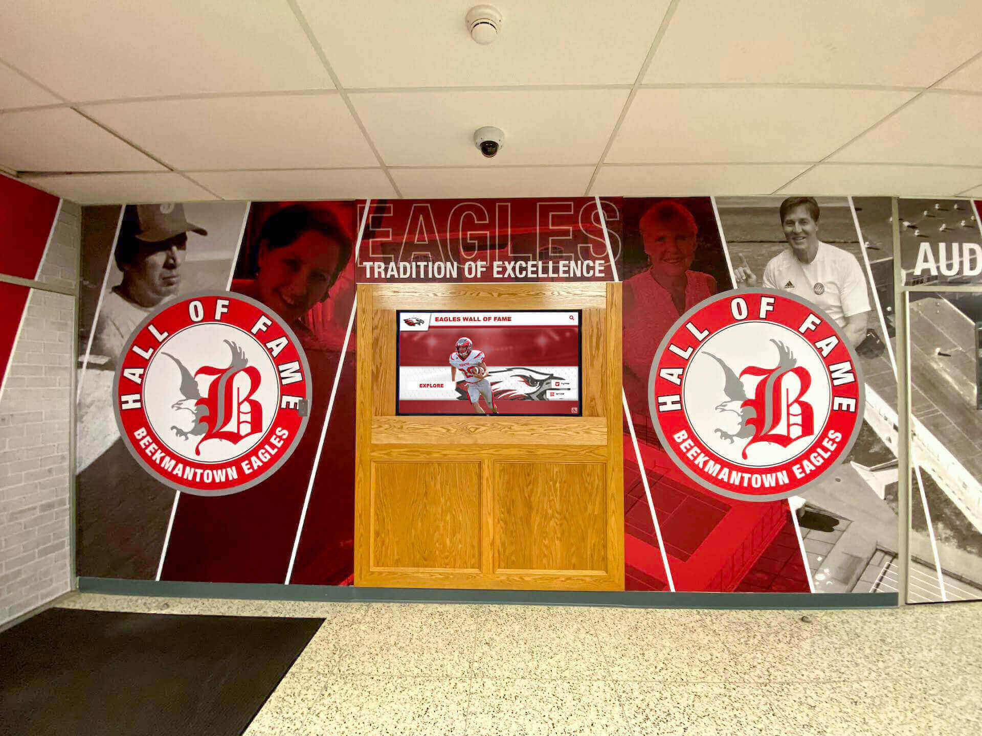 School hallway with limited space for traditional recognition displays