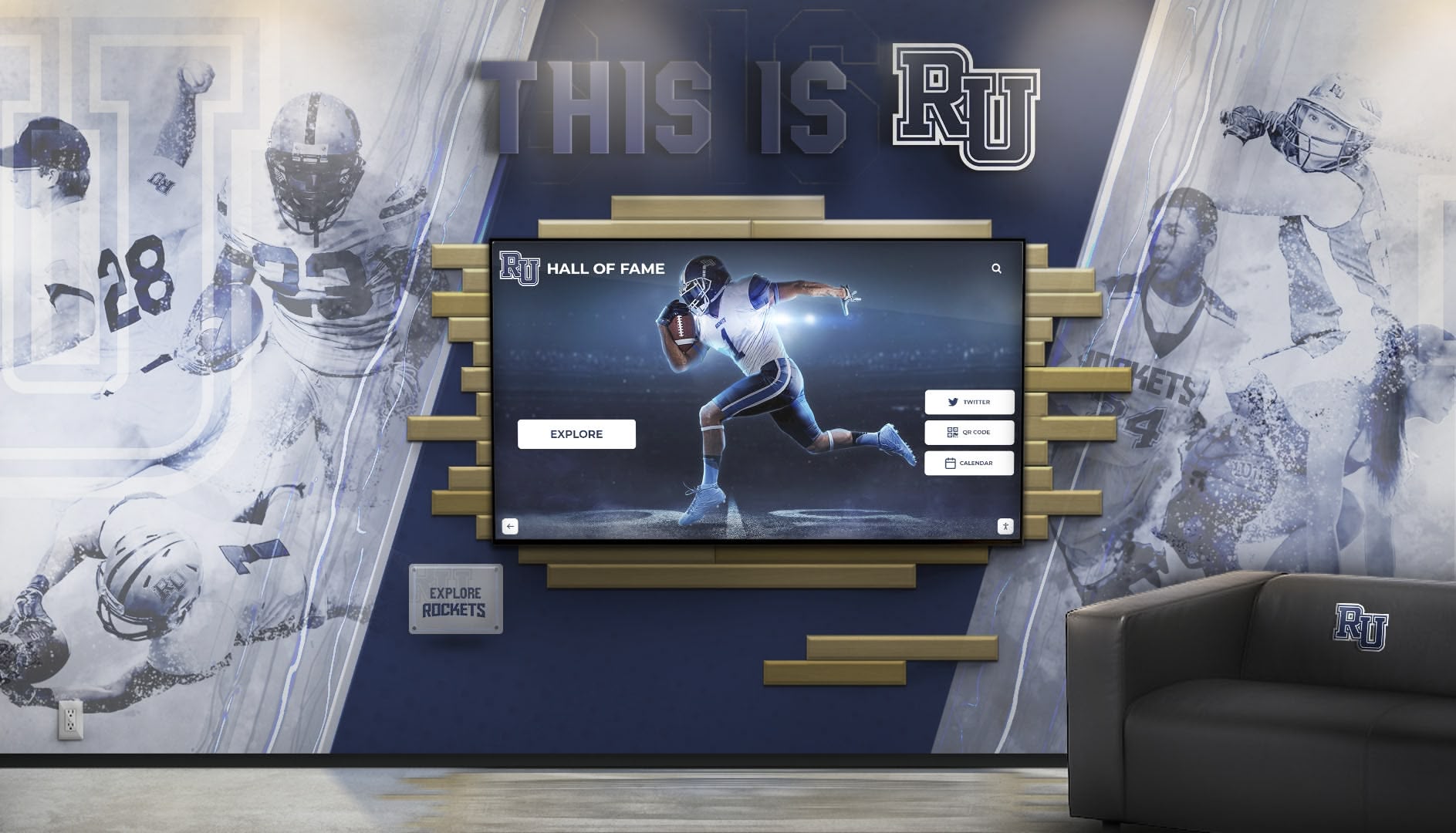 Touchscreen achievement display in modern school entrance