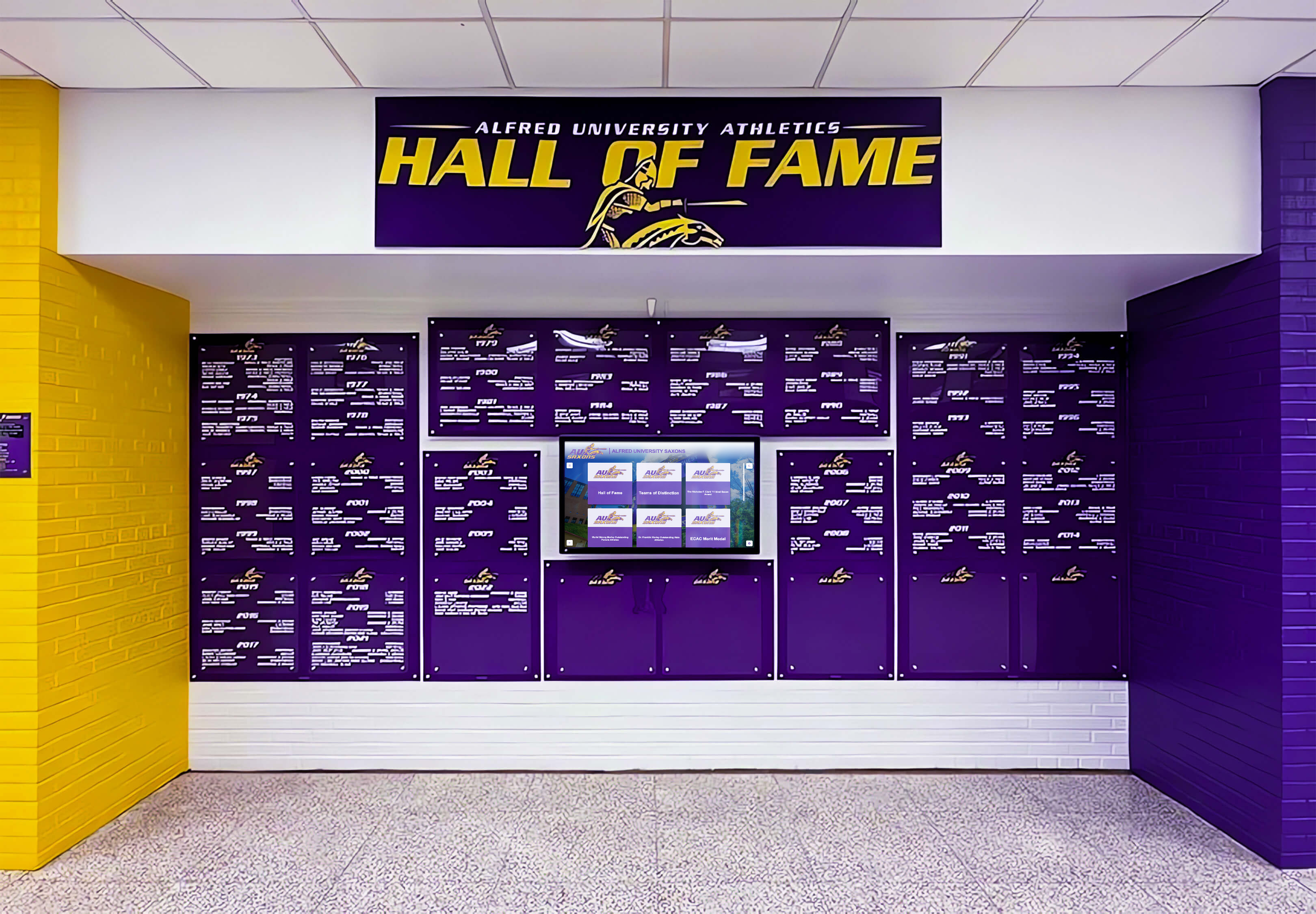 University athletic hall of fame digital display installation with school branding