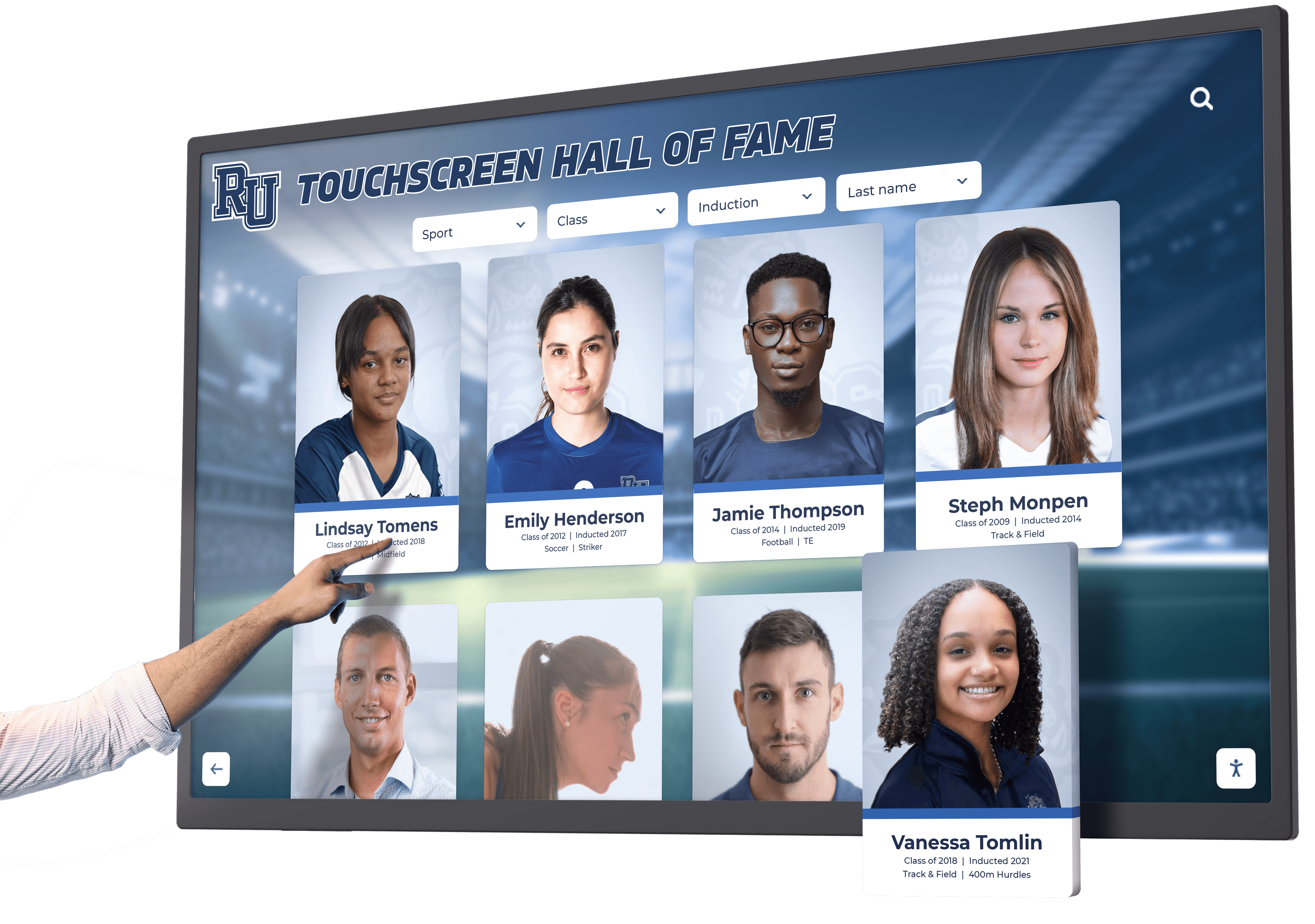 Interactive touchscreen basketball hall of fame with player cards
