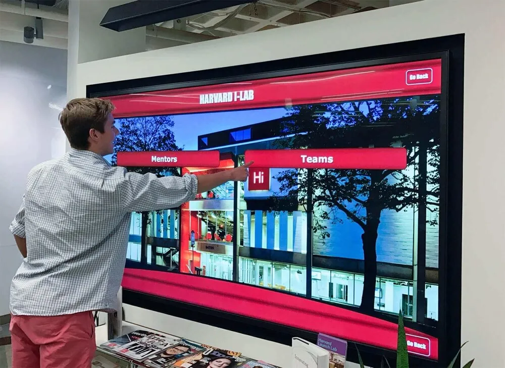Interactive touchscreen interface displaying organized historical content and navigation