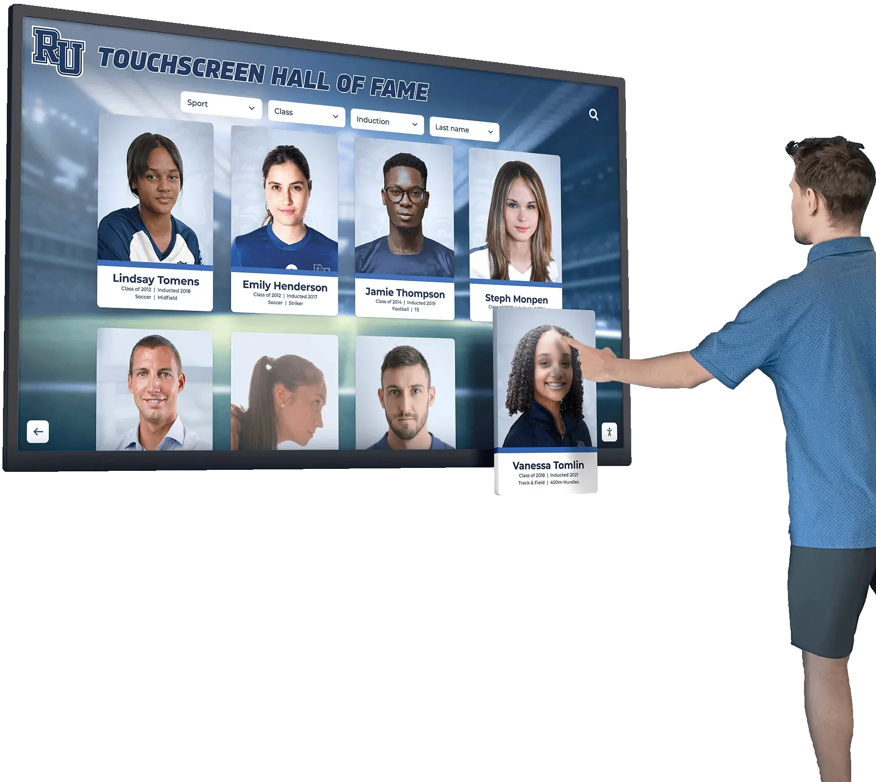 Person browsing athlete profiles on interactive touchscreen hall of fame