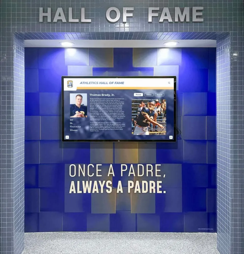 Padres Hall of Fame blue tile wall display with digital screen celebrating Once A Padre tradition