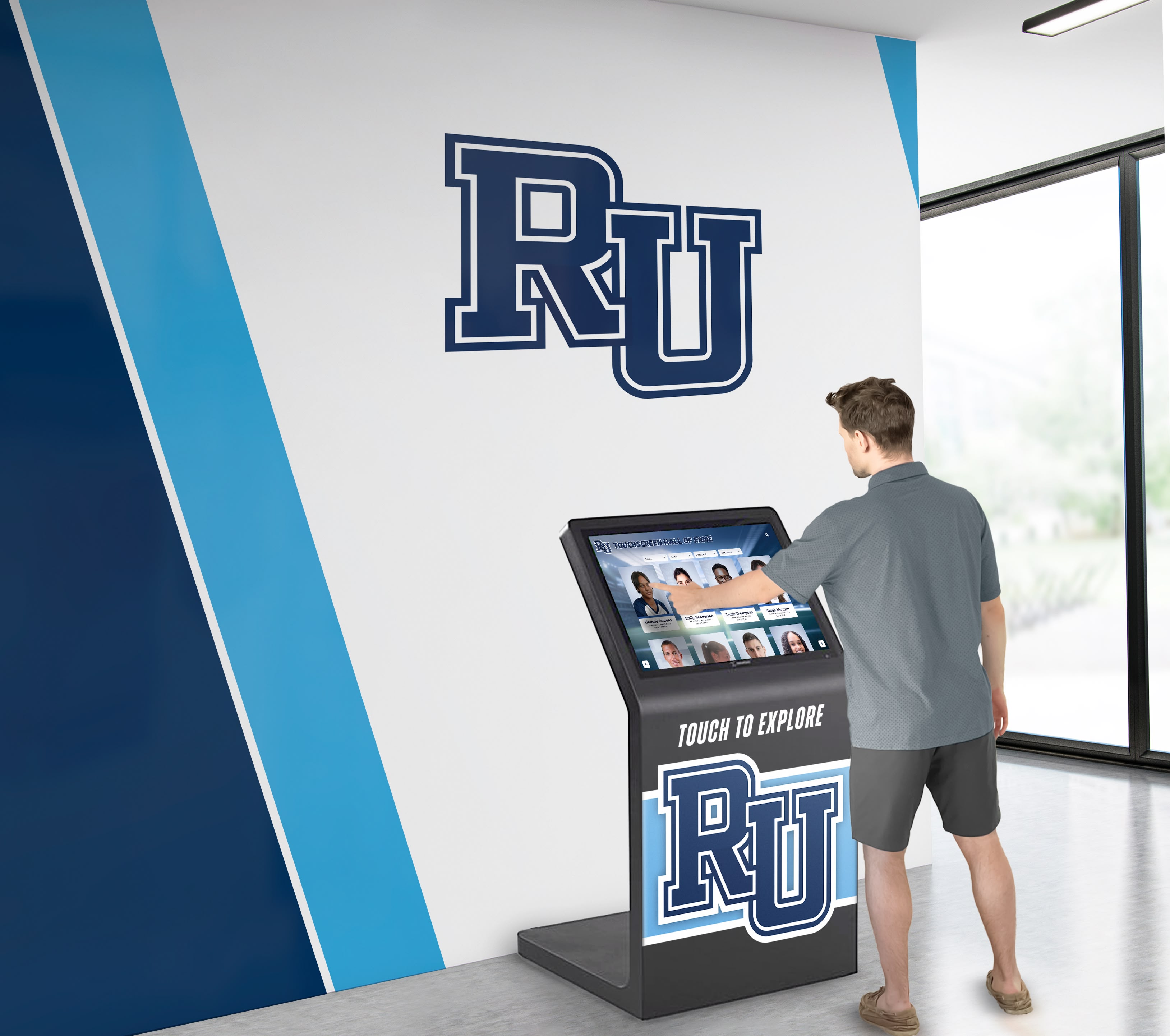 Person using Rocket Alumni Solutions touchscreen kiosk in campus lobby