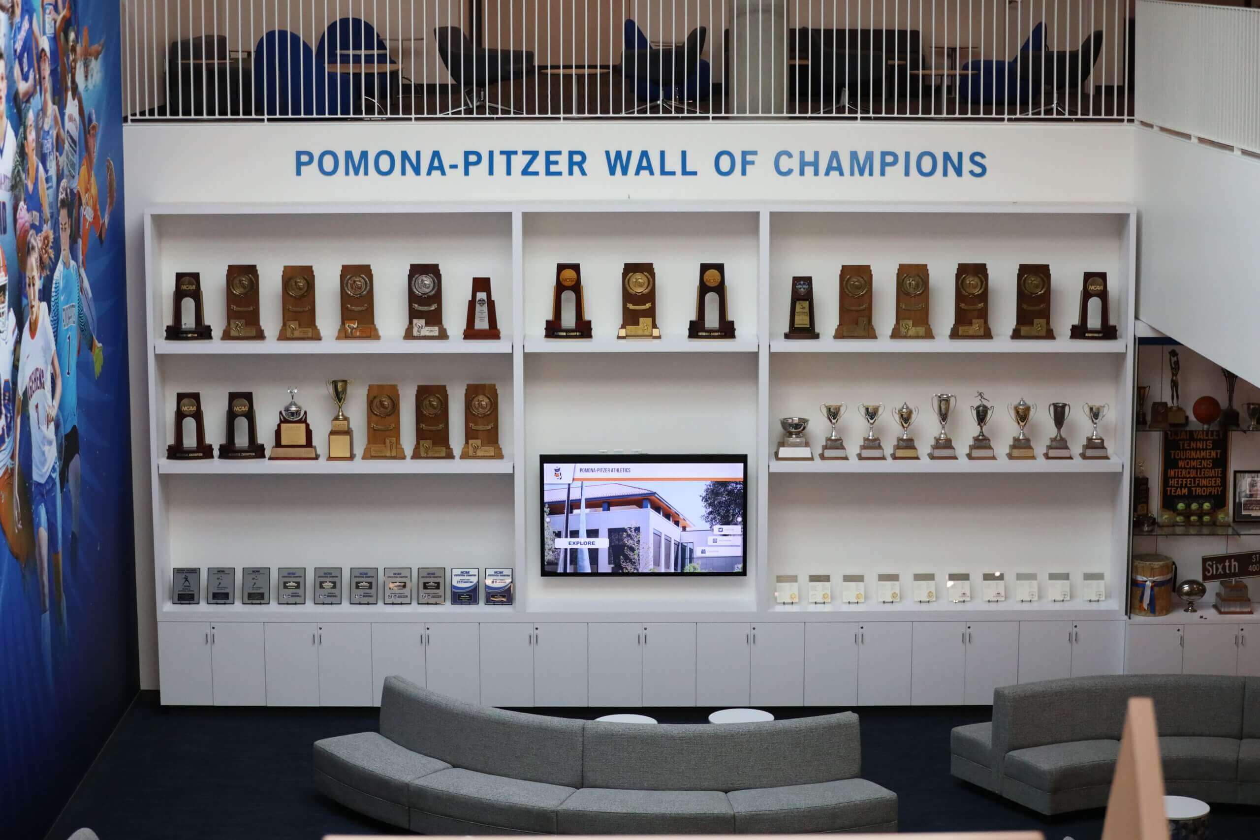 Traditional basketball trophy case and championship display