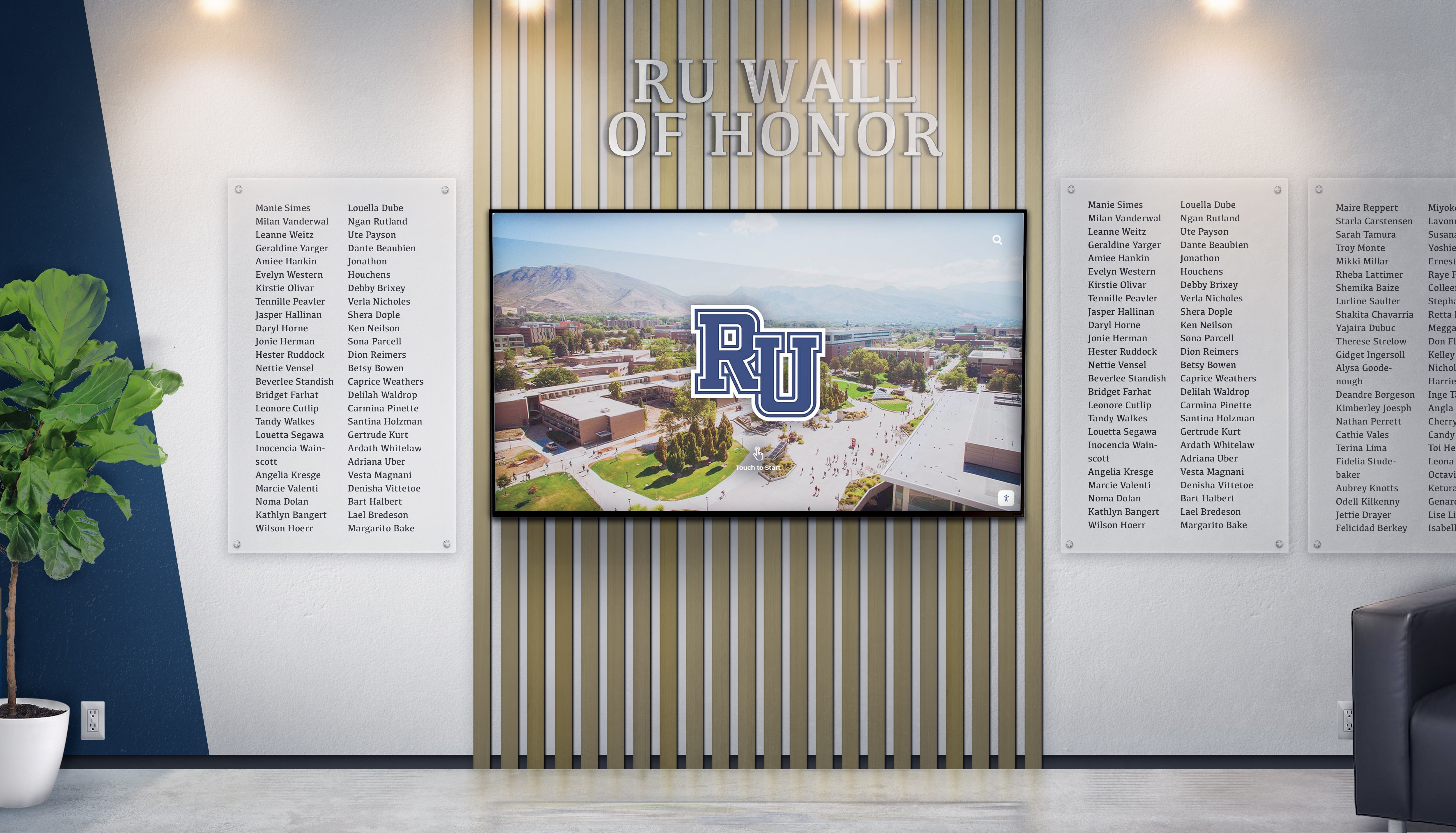 Wall of honor digital screen showing donor recognition with campus aerial view background