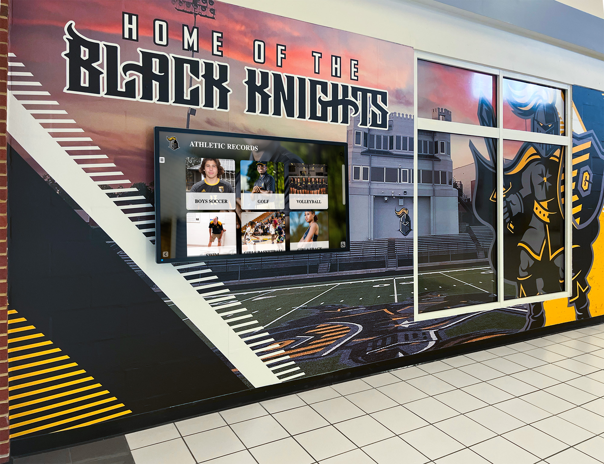 Modern school hallway featuring digital historical timeline display