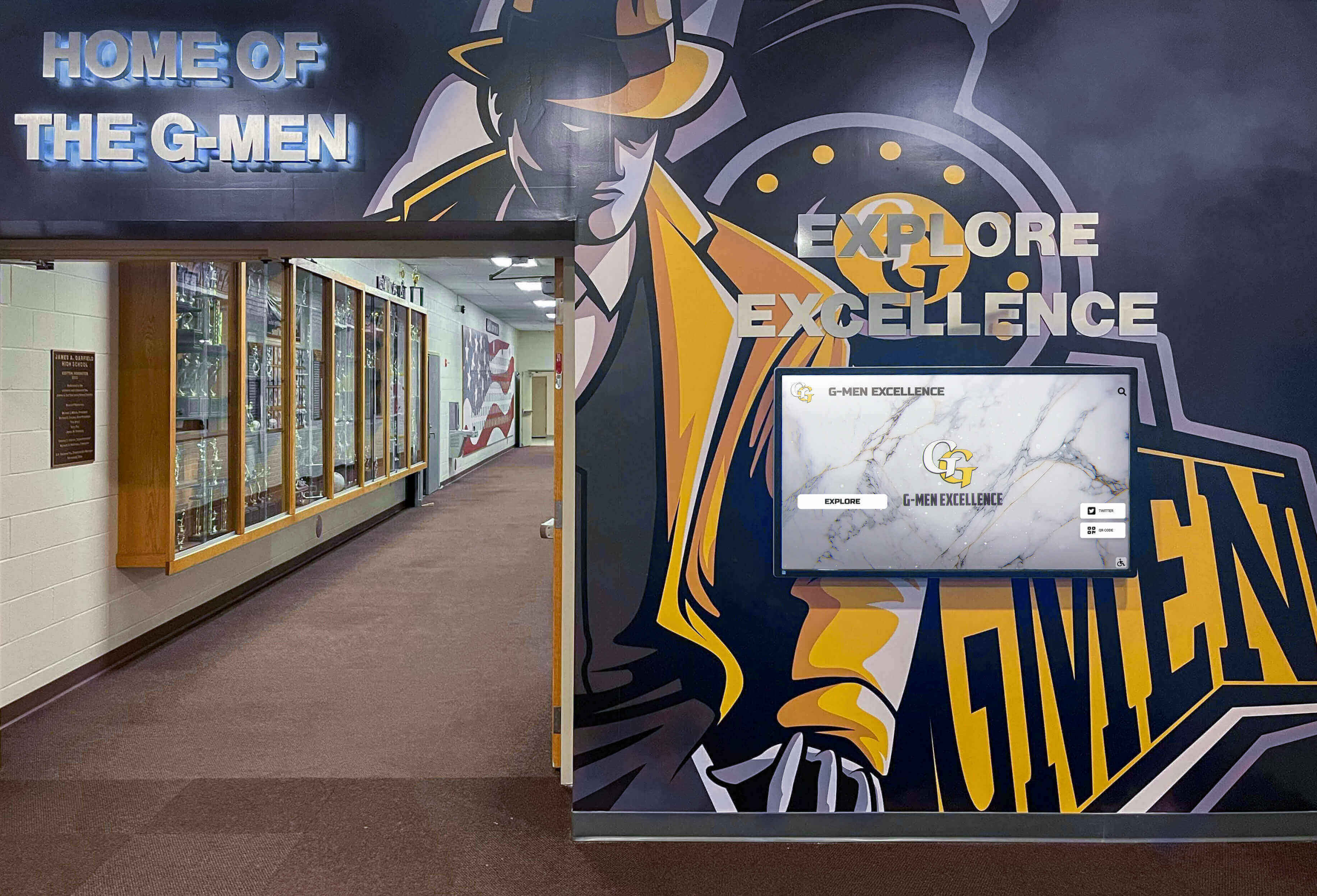 School hallway with digital recognition display