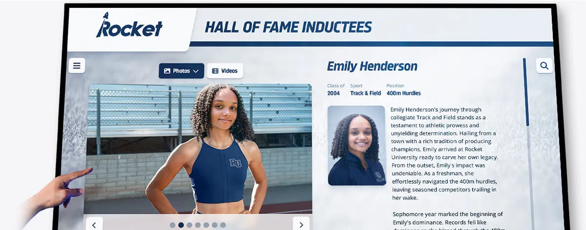 Digital display showing track and field athlete Emily Henderson with 400m hurdles statistics